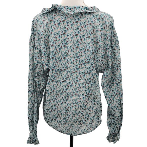 Cotelac Ruffle Top Blouse Button Up Geometric Print Art Deco Green Blue 1 Medium - Picture 4 of 6